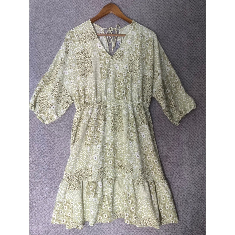 Boho Floral Patchwork Tiered Mini Dress XL Cottagecore Feminine Romantic Prairie - Picture 2 of 8